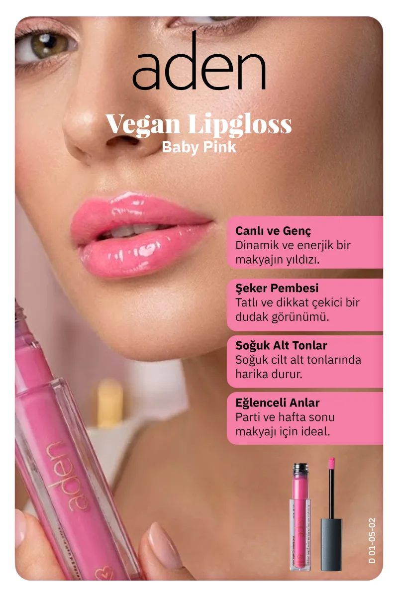 Aden Vegan Lipgloss - Vegan Dudak Parlatıcısı 02 Baby Pink(Bebek Pembesi)