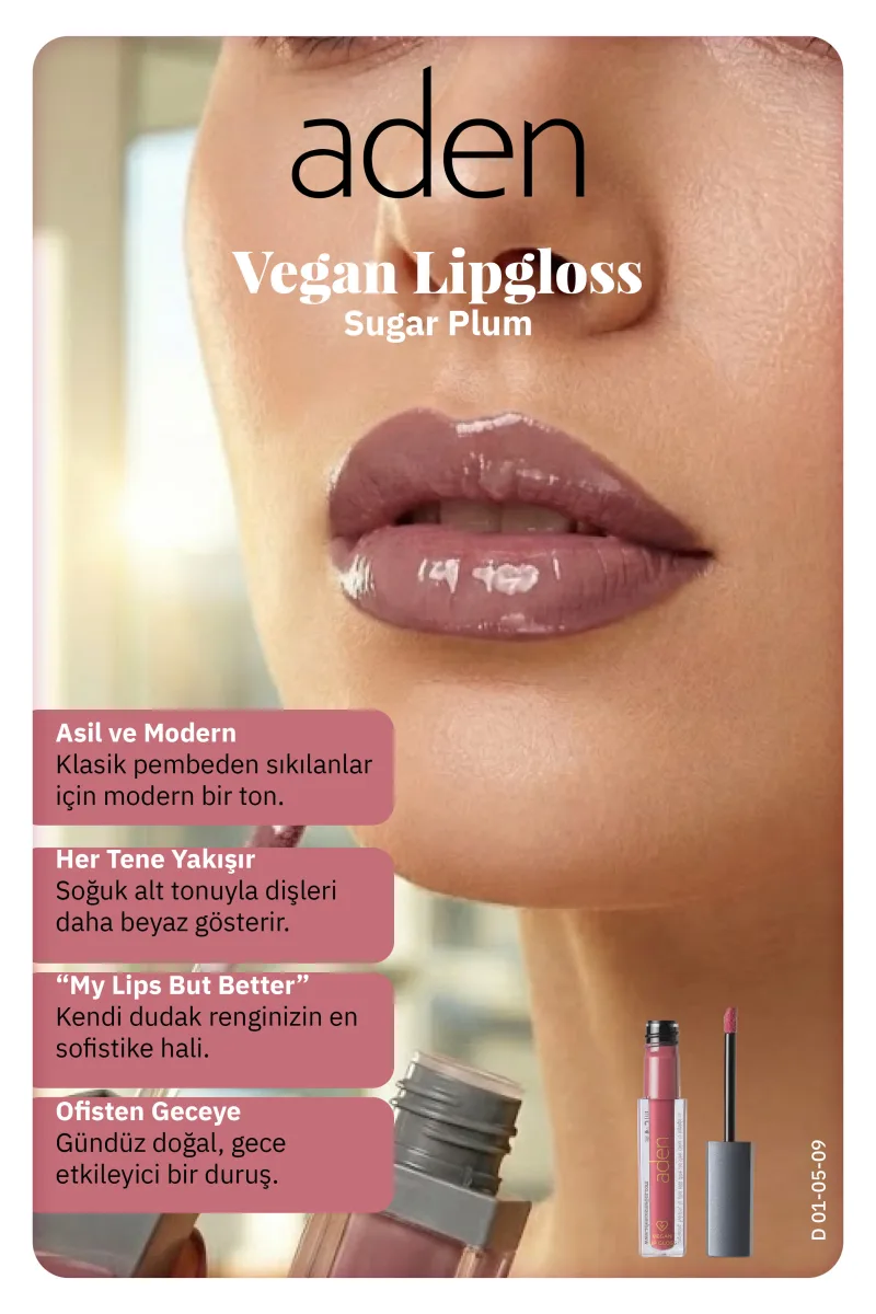 Aden Vegan Lipgloss - Vegan Dudak Parlatıcısı 09 Sugar Plum(Soğuk Pembe)