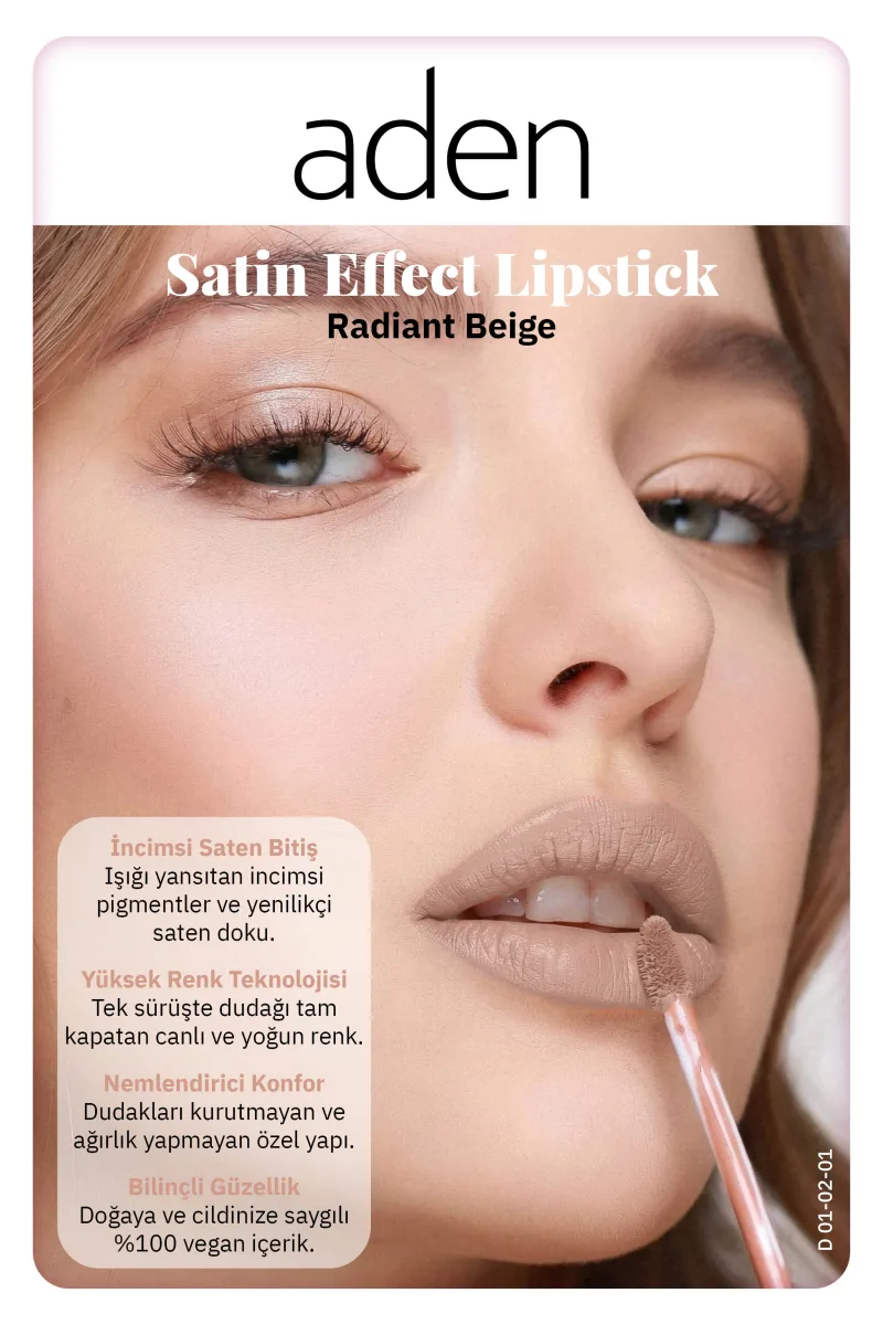 Aden Satin Effect Lipstick - Saten Etkili Likit Ruj 01 Radiant Beige(Işıltılı Bej)