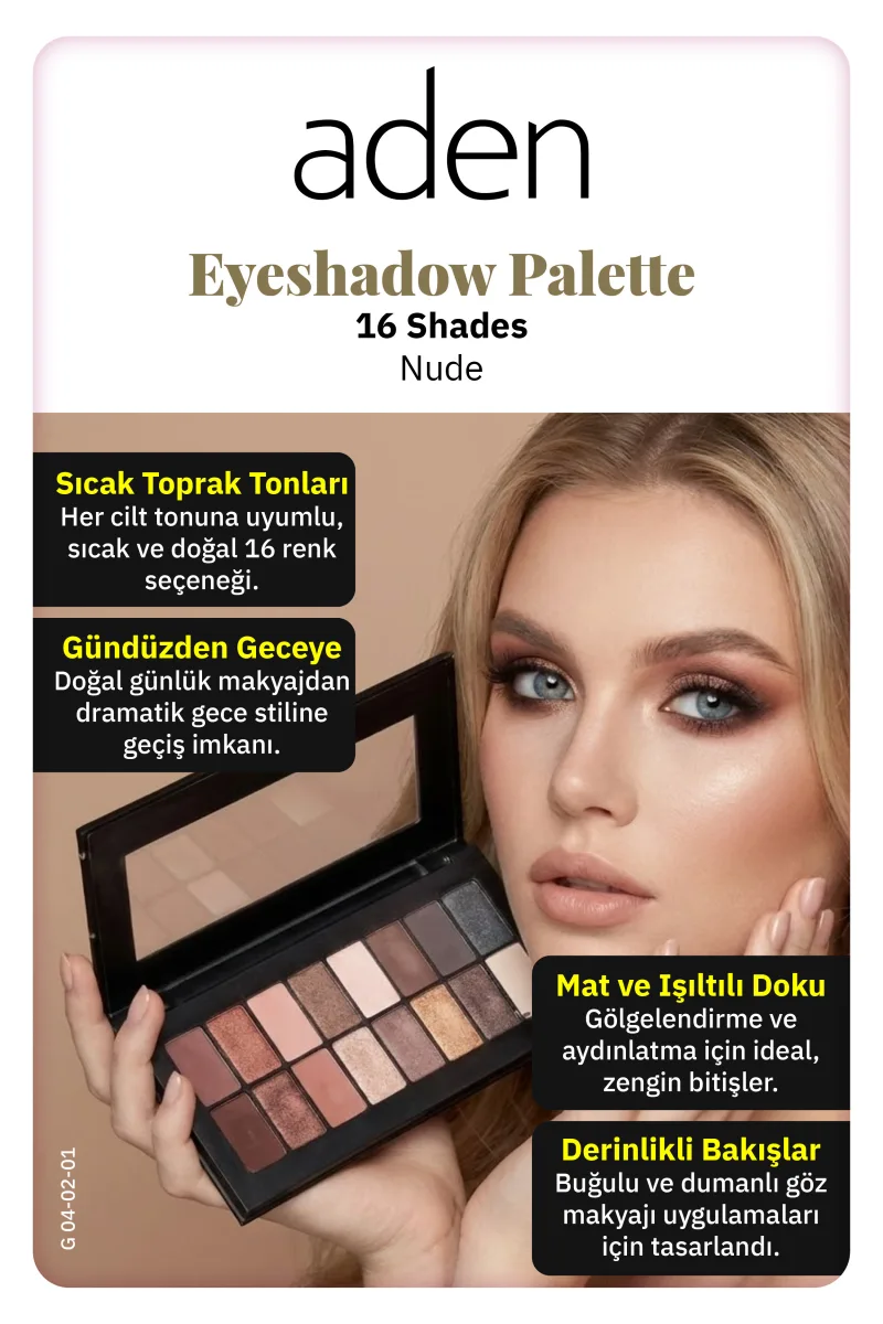 Aden Eyeshadow Palette 16 Shades - Göz Farı Paleti 16'lı Nude(Doğal)