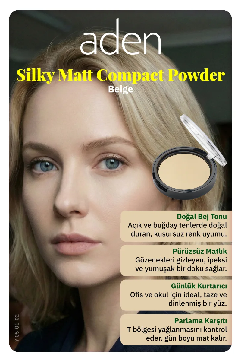 Aden Silky Matt Compact Powder - İpeksi Mat Pudra 02 Beige(Bej)
