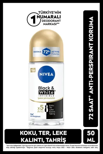 NIVEA Kadın Roll-On Deodorant Ferah Koruma 50ml - Black&White Invisible İpeksi