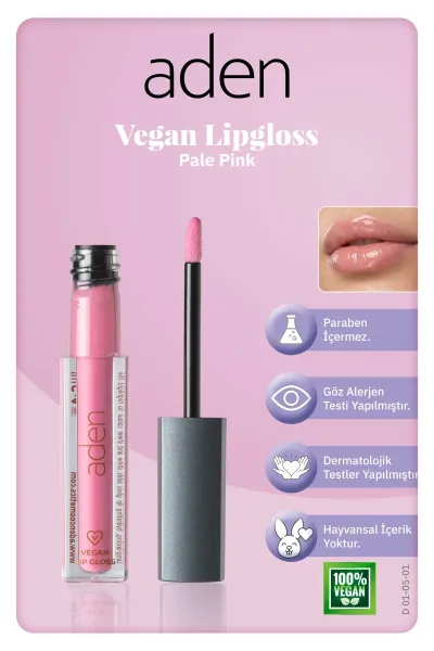 Aden Vegan Lipgloss - Vegan Dudak Parlatıcısı 01 Pale Pink(Soluk Pembe)