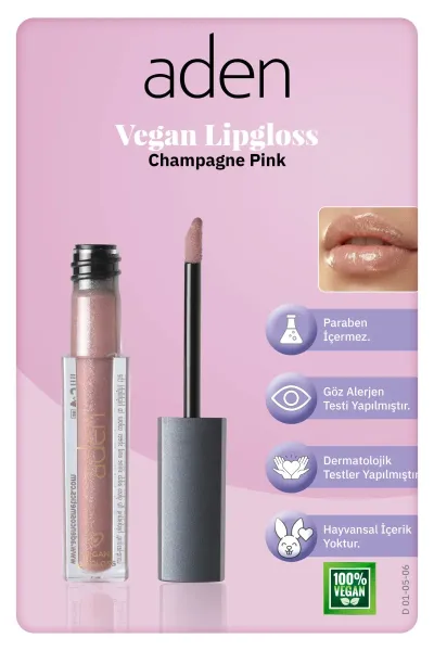 Aden Vegan Lipgloss - Vegan Dudak Parlatıcısı 06 Champagne Pink(Şampanya Pembe)