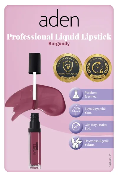 Aden Professional Liquid Lipstick - Profesyonel Likit Ruj 11 Burgundy(Bordo)
