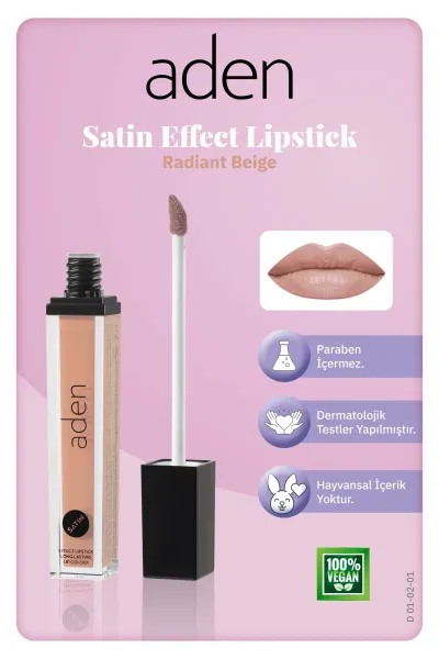 Aden Satin Effect Lipstick - Saten Etkili Likit Ruj 01 Radiant Beige(Işıltılı Bej)