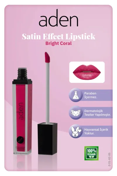 Aden Satin Effect Lipstick - Saten Etkili Likit Ruj 05 Bright Coral(Parlak Mercan)