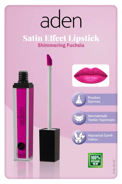 Aden Satin Effect Lipstick - Saten Etkili Likit Ruj 07 Shimmering Fuchsia(Işıltılı Fuşya)