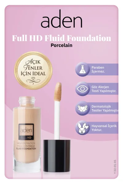 Aden Full Hd Likit Fondöten 20 ml - 01 Porcelain(Porselen)