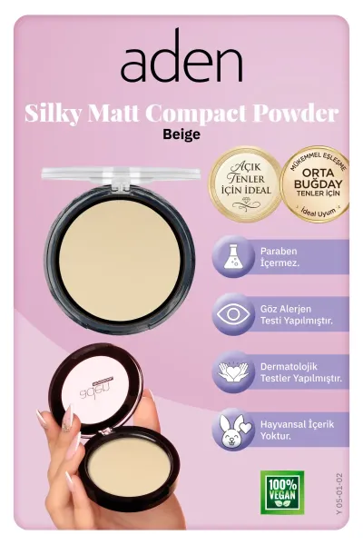 Aden Silky Matt Compact Powder - İpeksi Mat Pudra 02 Beige(Bej)